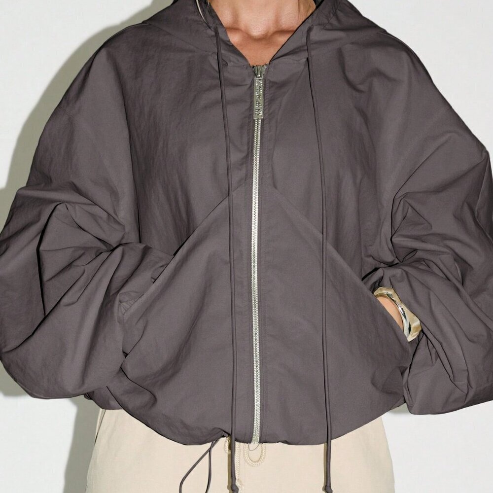 Dark Grey Casual Women's Oversized Hooded Tech Jacket With Full Zip Closure